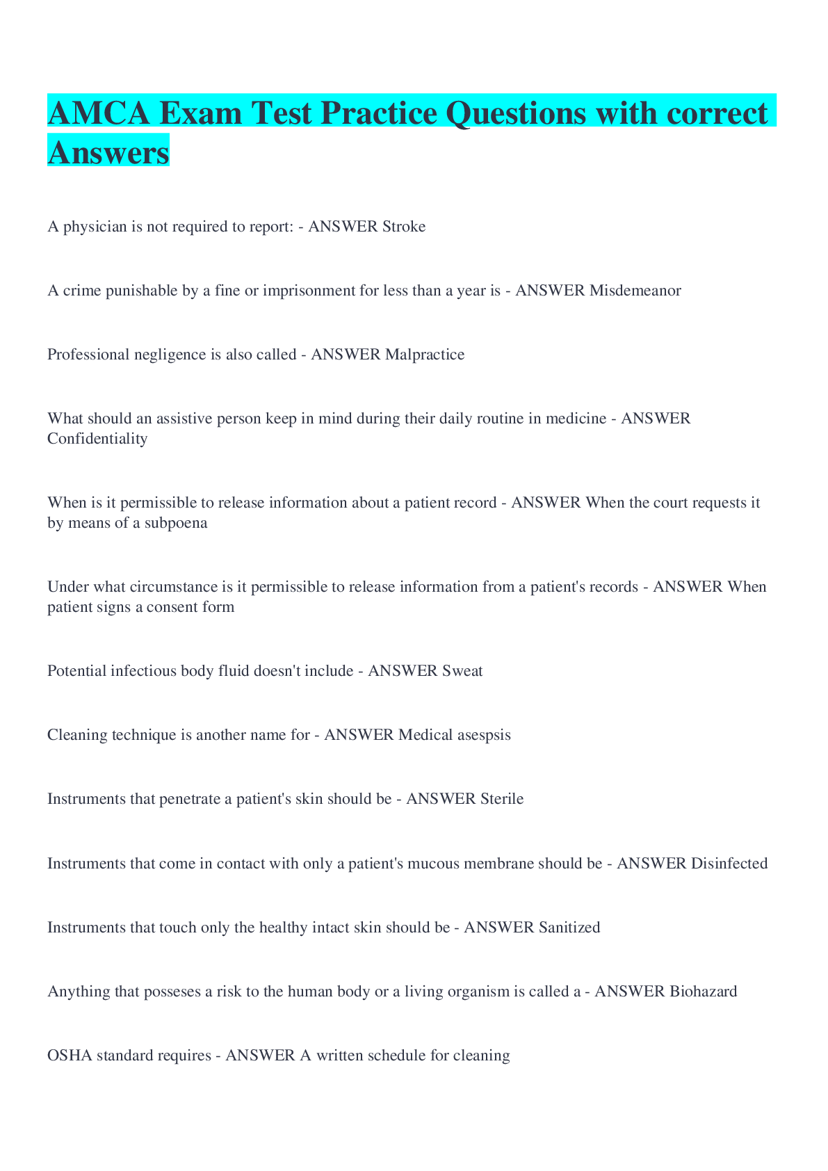 Preview image for AMCA Exam Test Practice Questions with correct Answers